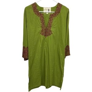 Irving & Fine Dress S Tunic style Avocado Green with Maroon Embroidery